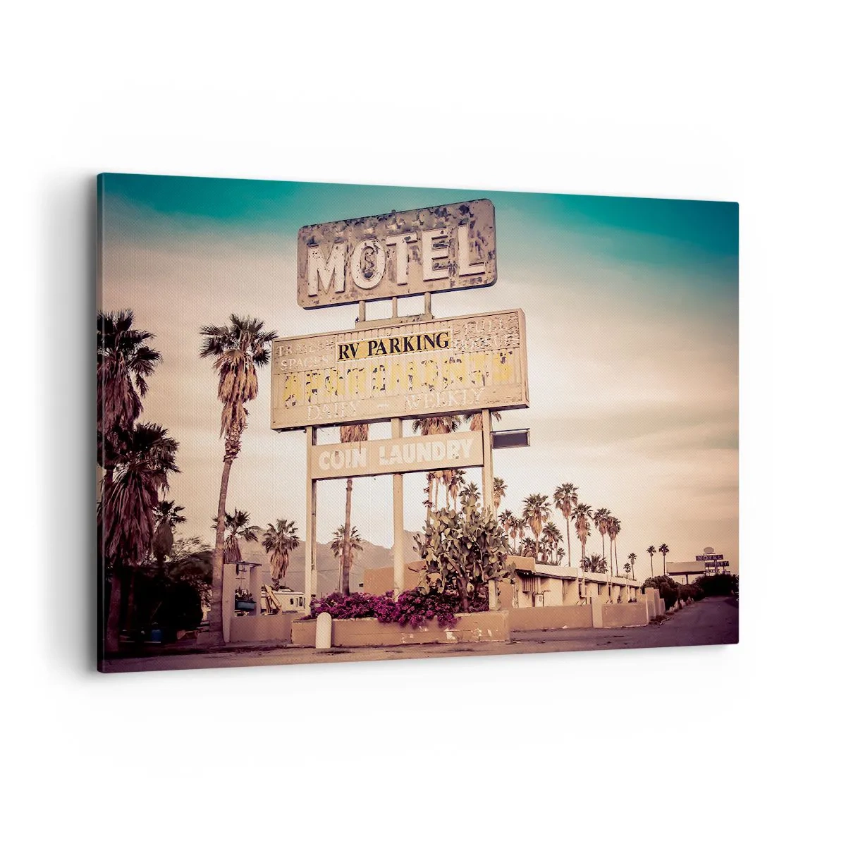Cuadro sobre lienzo - Impresión de Imagen - Letrero de motel retro rodeado de palmeras - 100x70cm - El tiempo se detuvo - Decoración de pared moderna para salón y dormitorio ARTTOR