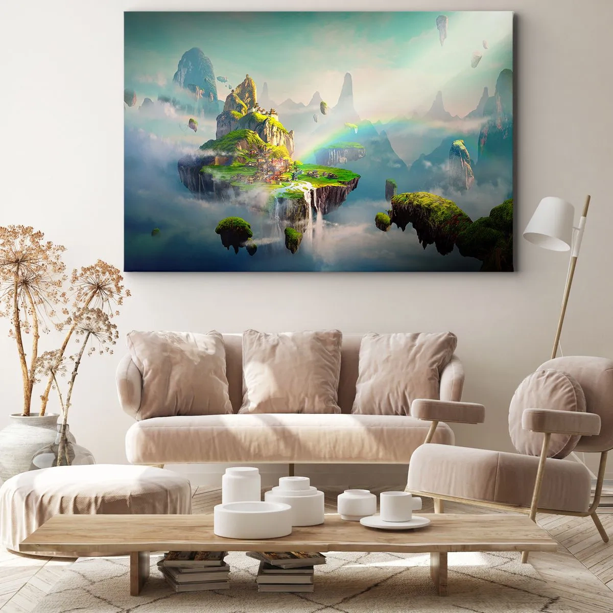 Cuadro sobre lienzo - Impresión de Imagen - Islas voladoras entre las nubes con un arcoíris en el horizonte. - 70x50cm - El medio de la nada - islas flotantes - Decoración de pared moderna para salón y dormitorio ARTTOR