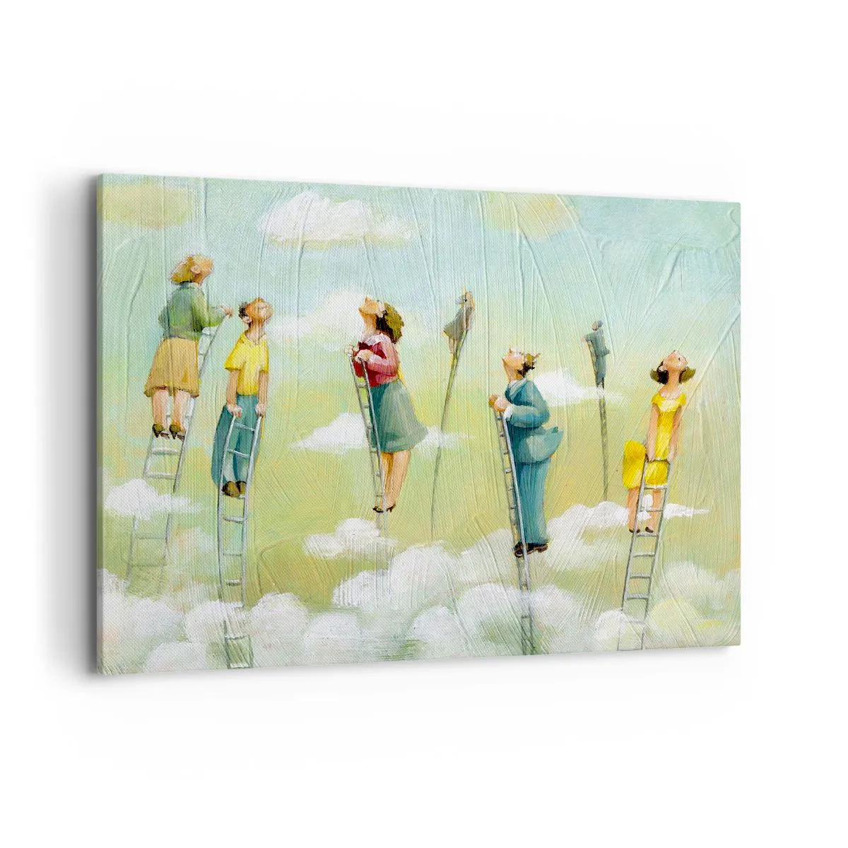 Cuadro sobre lienzo - Impresión de Imagen - Figuras subiendo escaleras entre nubes sobre un fondo pastel. - 120x80cm - Sigue tu sueño - Decoración de pared moderna para salón y dormitorio ARTTOR