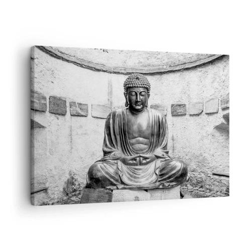 Cuadro sobre lienzo - Impresión de Imagen - Estatua de Buda en blanco y negro en pose meditativa. - 70x50cm - En la fuente de la paz - Decoración de pared moderna para salón y dormitorio ARTTOR