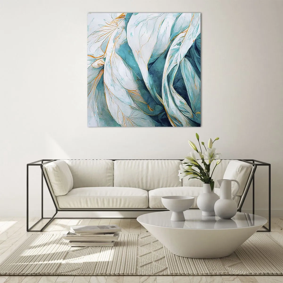 Cuadro sobre vidrio - Impresiones sobre Vidrio - Abstracción azul con motivos dorados - 30x30 cm