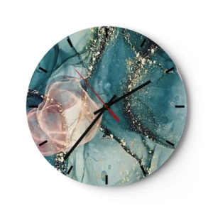 Reloj de pared - Reloj de vidrio - Salpicaduras artísticas de color en tonos turquesa y rosa con acentos dorados. - 30x30cm - Seda azul, tul rosa - Decoración de pared moderna para salón, cocina y dormitorio ARTTOR