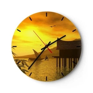 Reloj de pared - Reloj de vidrio - Puesta de sol sobre el lago con una casa sobre pilotes - 30x30cm - La ansiada paz - Decoración de pared moderna para salón, cocina y dormitorio ARTTOR