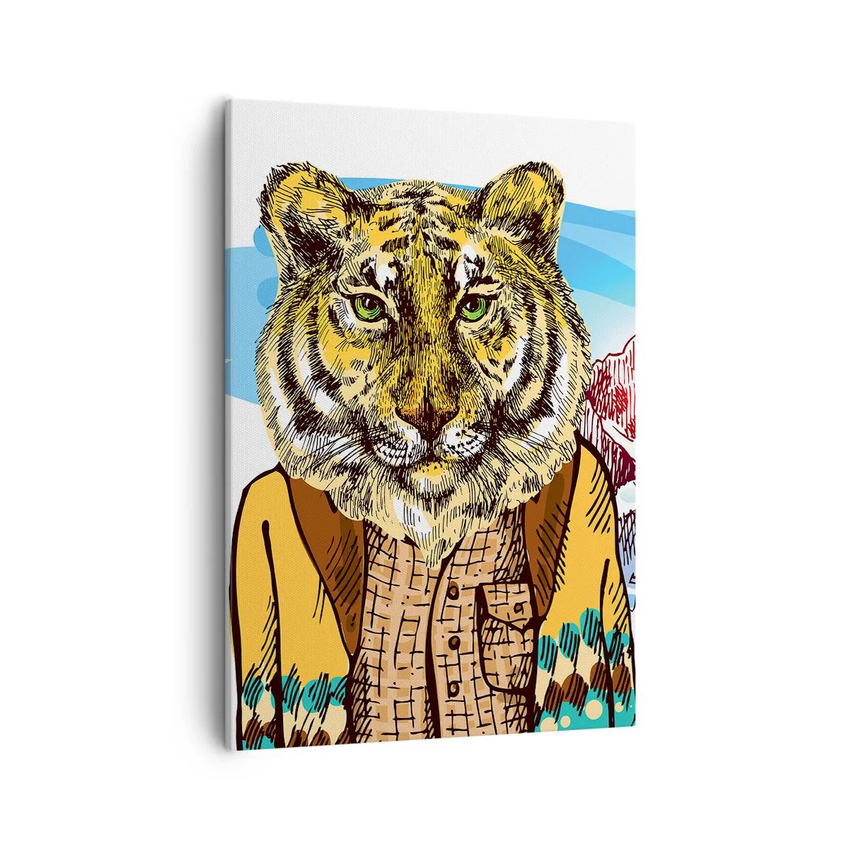 Cuadro sobre lienzo - Impresión de Imagen - Un tigre con abrigo frente a un paisaje montañoso. - 50x70cm - No es tan salvaje como dicen - Decoración de pared moderna para salón y dormitorio ARTTOR