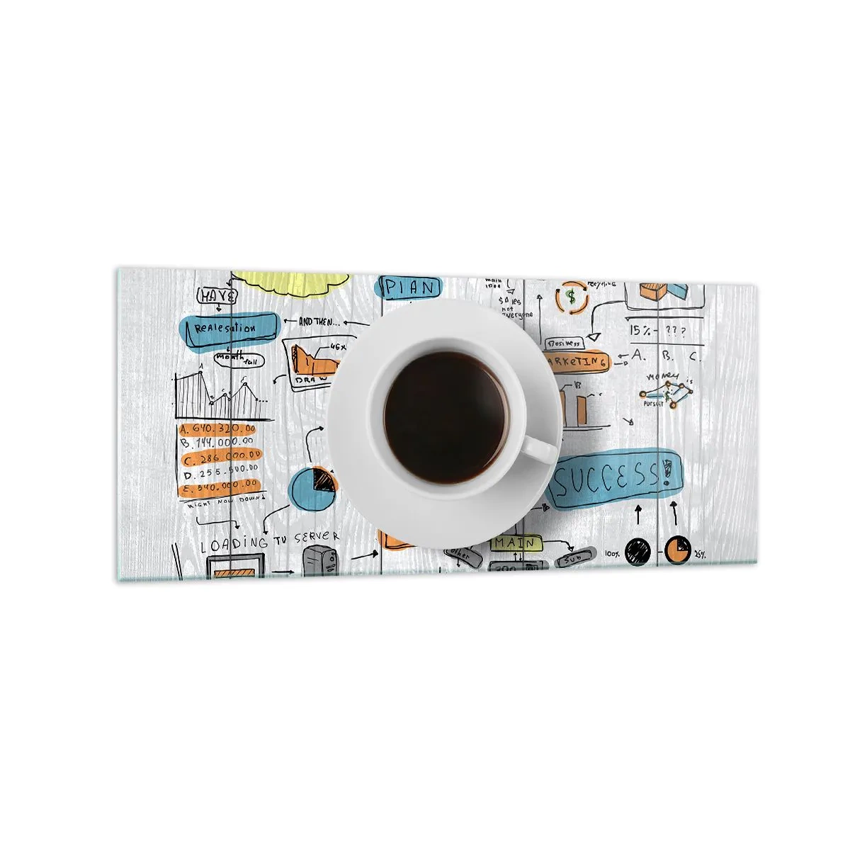 Cuadro sobre vidrio - Impresiones sobre Vidrio - Una taza de café sobre el fondo de un dibujo conceptual. - 120x50cm - Tiempo de descanso - Decoración de pared moderna para salón y dormitorio ARTTOR