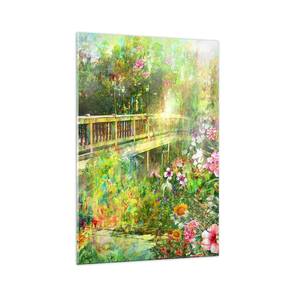 Cuadro sobre vidrio - Impresiones sobre Vidrio - Un puente rodeado de exuberante vegetación y flores. - 70x100cm - Un puente de suspiros de primavera - Decoración de pared moderna para salón y dormitorio ARTTOR