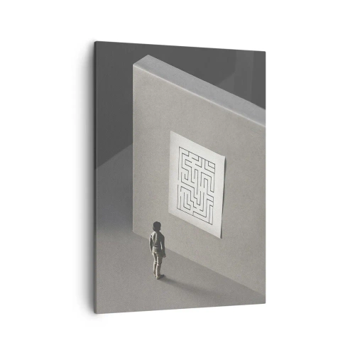Cuadro sobre lienzo - Impresión de Imagen - Una figura en un laberinto mirando un mapa colgado. - 50x70cm - ¿Pero dónde estoy? - Decoración de pared moderna para salón y dormitorio ARTTOR