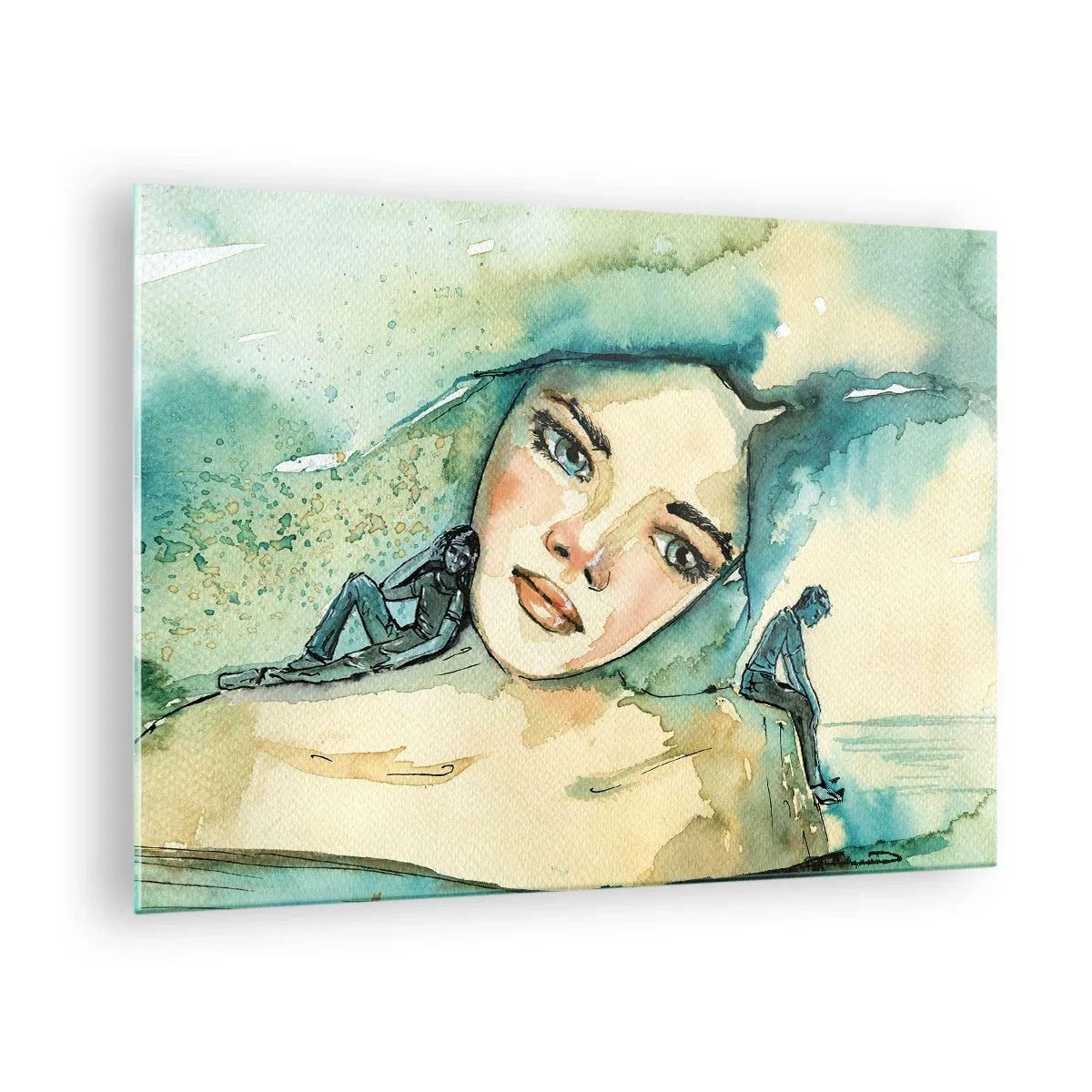 Cuadro sobre vidrio - Impresiones sobre Vidrio - Retrato de una mujer en estilo acuarela con siluetas de figuras. - 70x50cm - ¿Soy azul? - Decoración de pared moderna para salón y dormitorio ARTTOR