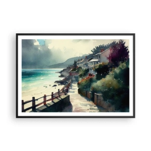 Póster en marco negro - Paseo marítimo con casas y vegetación - 100x70cm - Ciudad mediterránea - Decoración de pared moderna para salón y dormitorio ARTTOR