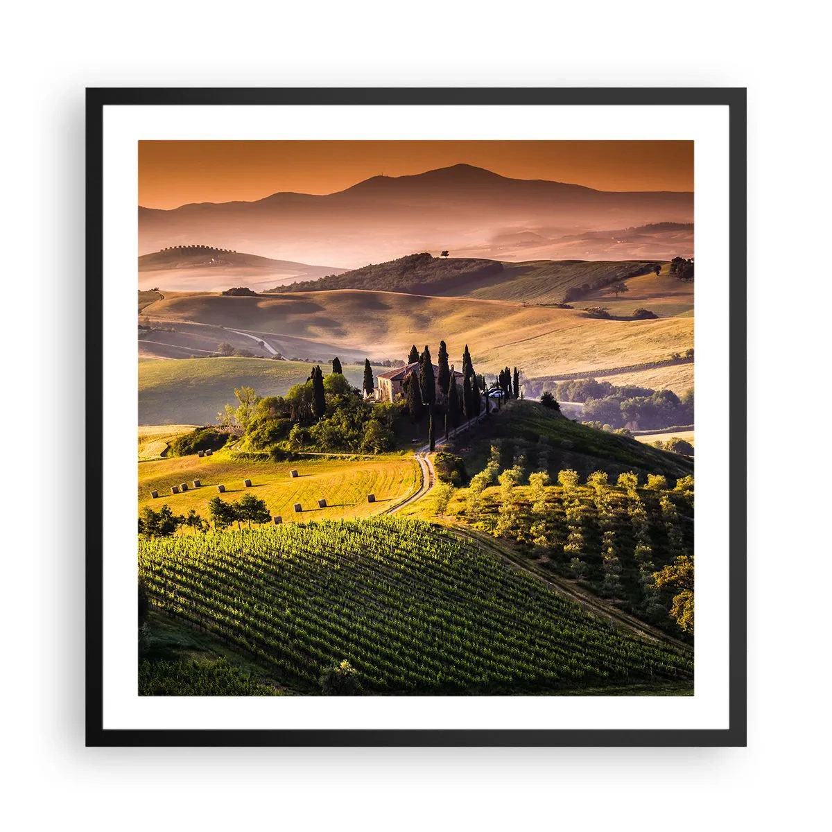 Póster en marco negro - Paisaje toscano - 60x60 cm