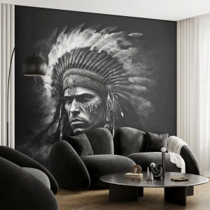 Fotomural Premium Sand - Retrato de un guerrero con un tocado de plumas sobre un fondo negro - 100x70cm - Líder y guerrero - Decoración de pared moderna para salón y dormitorio ARTTOR