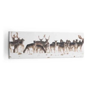 Cuadro sobre lienzo - Impresión de Imagen - Una manada de ciervos sobre un fondo nevado. - 160x50cm - ¿Se acerca la Navidad? - Decoración de pared moderna para salón y dormitorio ARTTOR