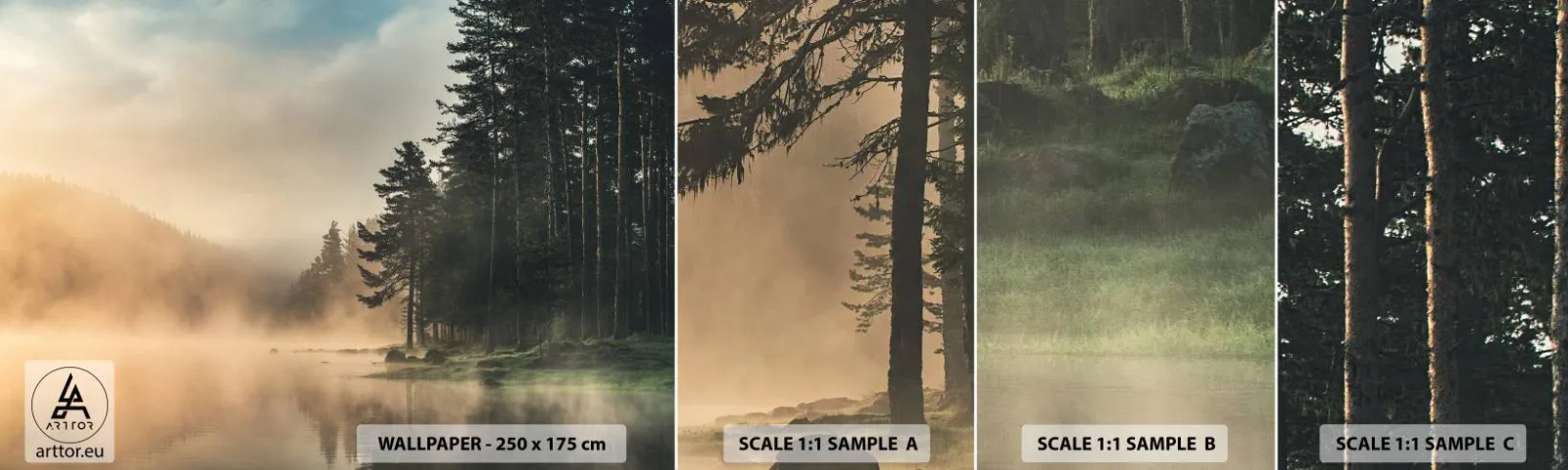 Muestra de fotomural autoadhesivo Deluxe Sticker - El nacimiento de un día - Paisaje, Lago, Bosque - 100x30 cm