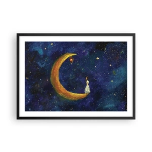 Póster en marco negro - Una niña parada en la luna en un cielo estrellado. - 70x50cm - La llamada de la Luna - Decoración de pared moderna para salón y dormitorio ARTTOR