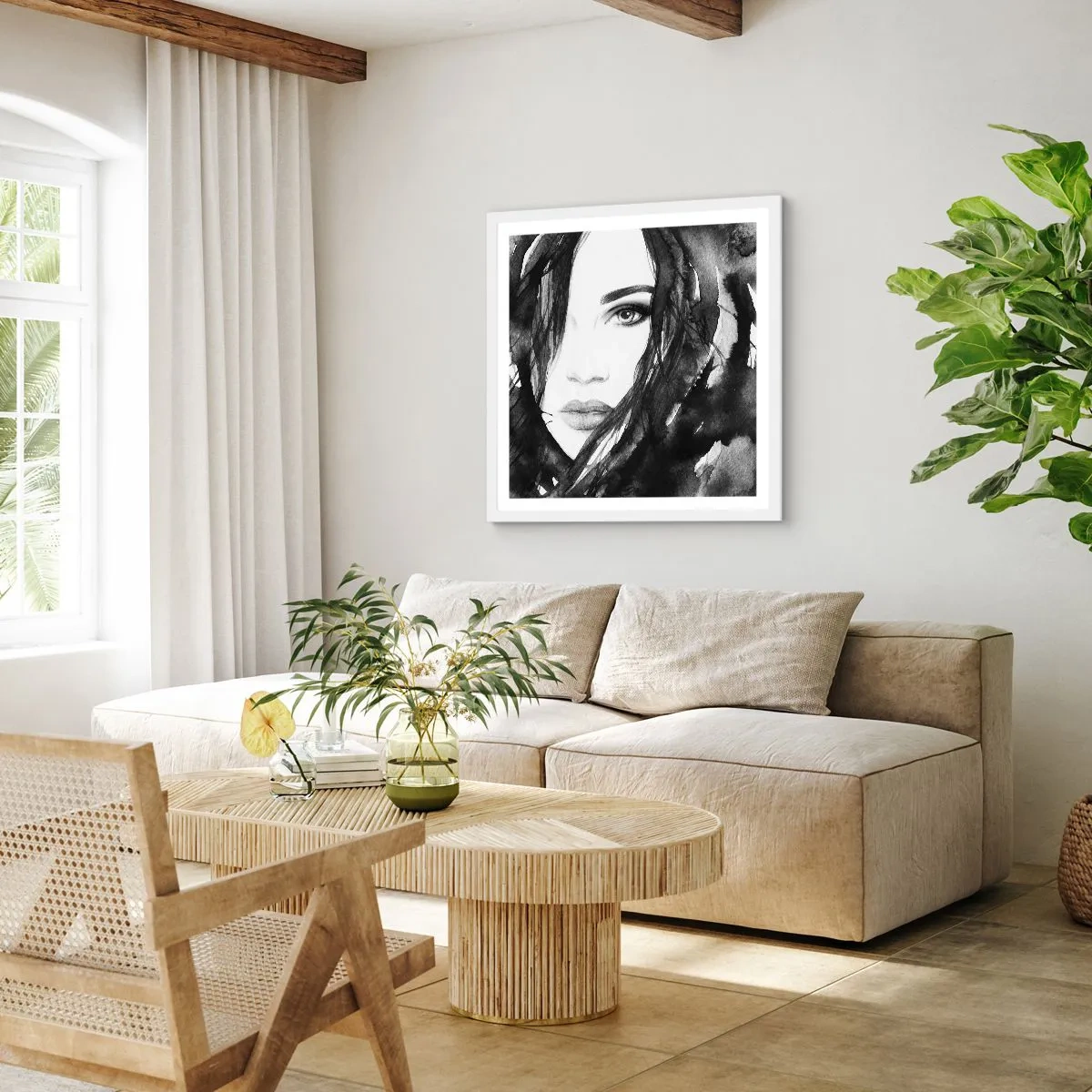 Póster en marco blanco - Retrato de una dama en blanco y negro - 30x30 cm