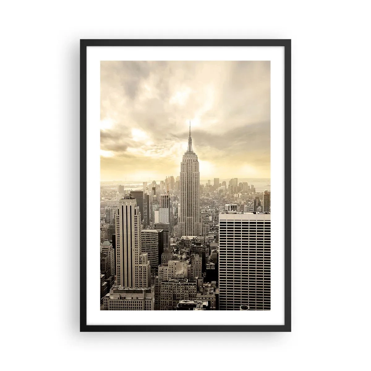 Póster en marco negro - Panorama de la ciudad de Nueva York con el Empire State Building - 50x70cm - Tejido neoyorquino en tonos grises - Decoración de pared moderna para salón y dormitorio ARTTOR