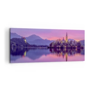 Cuadro sobre lienzo - Impresión de Imagen - Lago con una isla y una iglesia al atardecer - 120x50cm - Isla de cuento de hadas al atardecer  - Decoración de pared moderna para salón y dormitorio ARTTOR