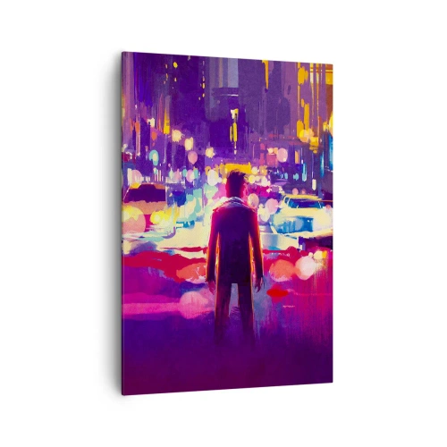 Cuadro sobre lienzo - Impresión de Imagen - Un hombre en una escena nocturna de la ciudad de neón. - 70x100cm - Inmerso en la luz - Decoración de pared moderna para salón y dormitorio ARTTOR