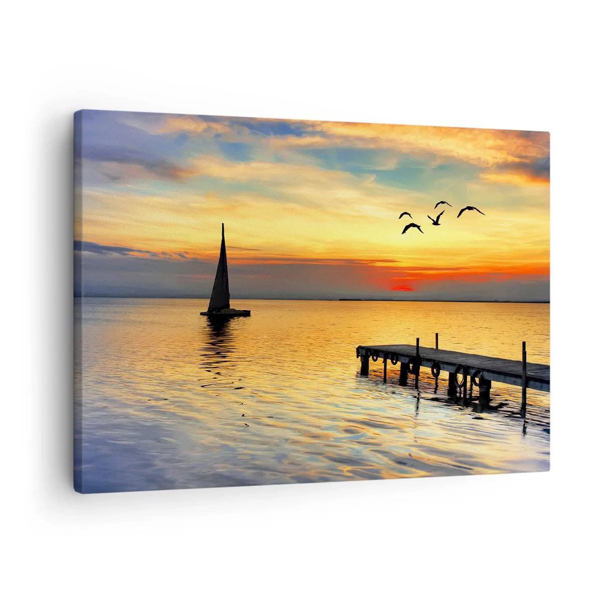 Cuadro sobre lienzo - Impresión de Imagen - Puesta de sol con un velero y un muelle en un lago tranquilo - 70x50cm - Regresos nocturnos - Decoración de pared moderna para salón y dormitorio ARTTOR