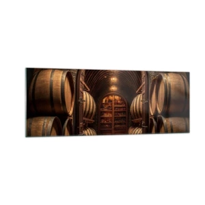 Cuadro sobre vidrio - Impresiones sobre Vidrio - Bodega con barriles de madera y estantes para vinos. - 140x50cm - Sótano atmosférico - Decoración de pared moderna para salón y dormitorio ARTTOR