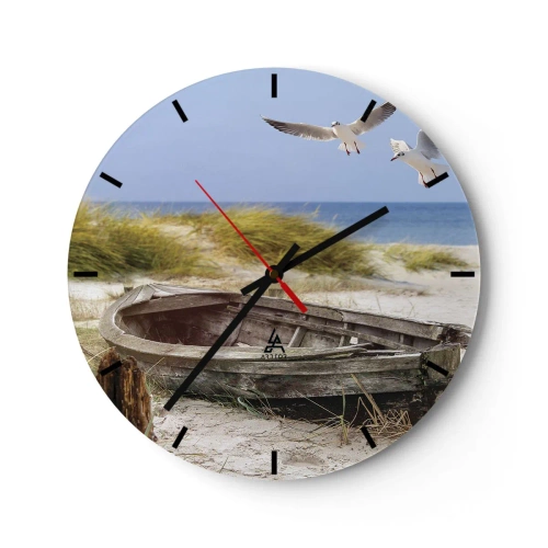 Reloj de pared - Reloj de vidrio - Un barco en una playa de arena con gaviotas. - 30x30cm - Bañada por el viento - Decoración de pared moderna para salón, cocina y dormitorio ARTTOR