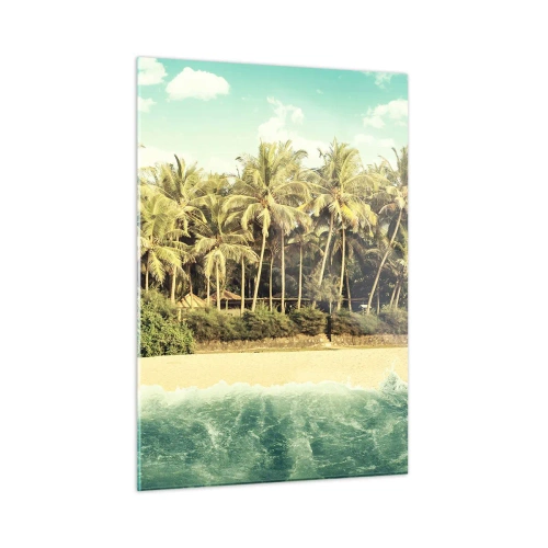 Cuadro sobre vidrio - Impresiones sobre Vidrio - Una playa exótica con palmeras y un mar turquesa en un día soleado. - 50x70cm - ¿Qué tal aquí? - Decoración de pared moderna para salón y dormitorio ARTTOR