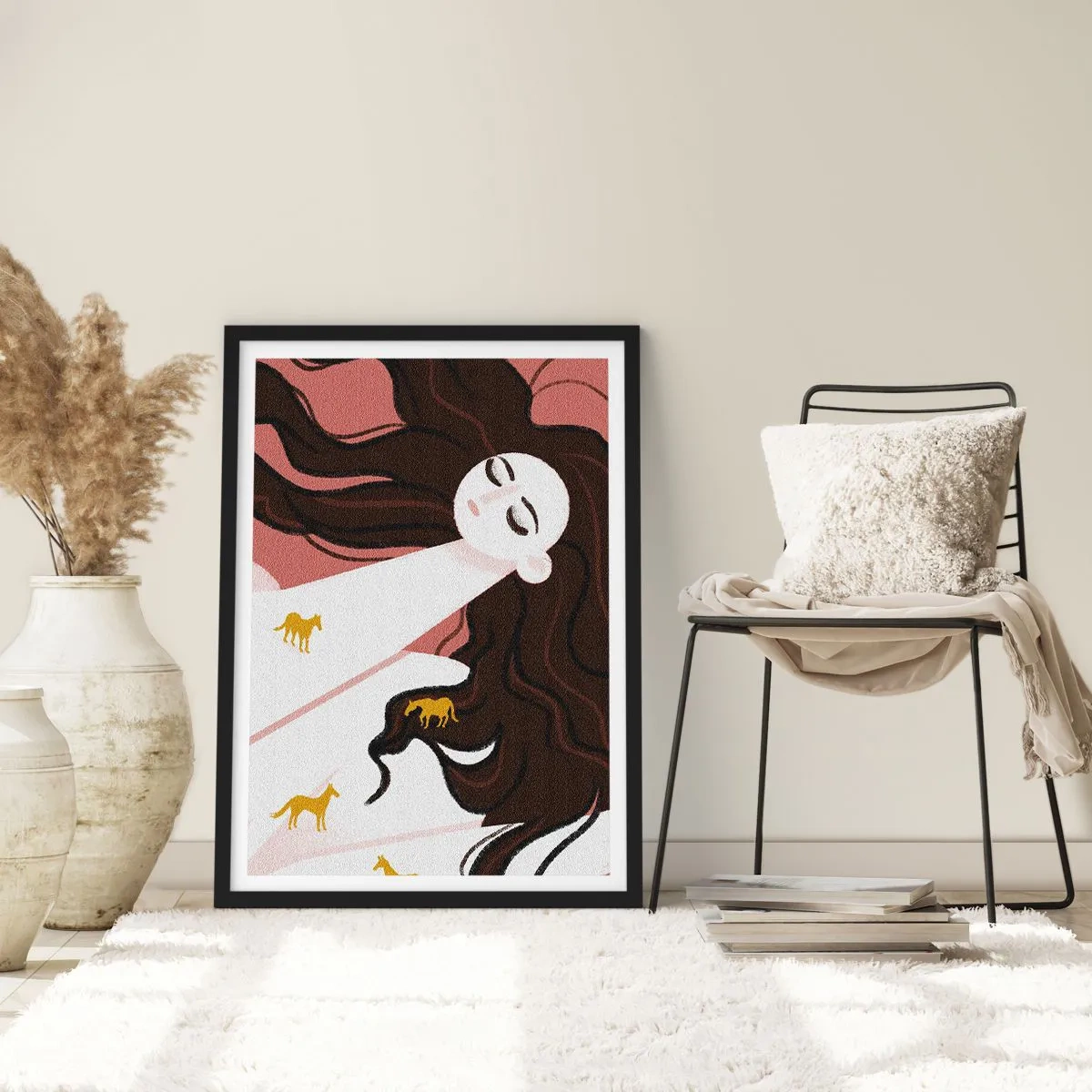 Póster en marco negro - Una mujer de ensueño con cabello largo y caballos dorados. - 50x70cm - Sueño de caballos dorados - Decoración de pared moderna para salón y dormitorio ARTTOR