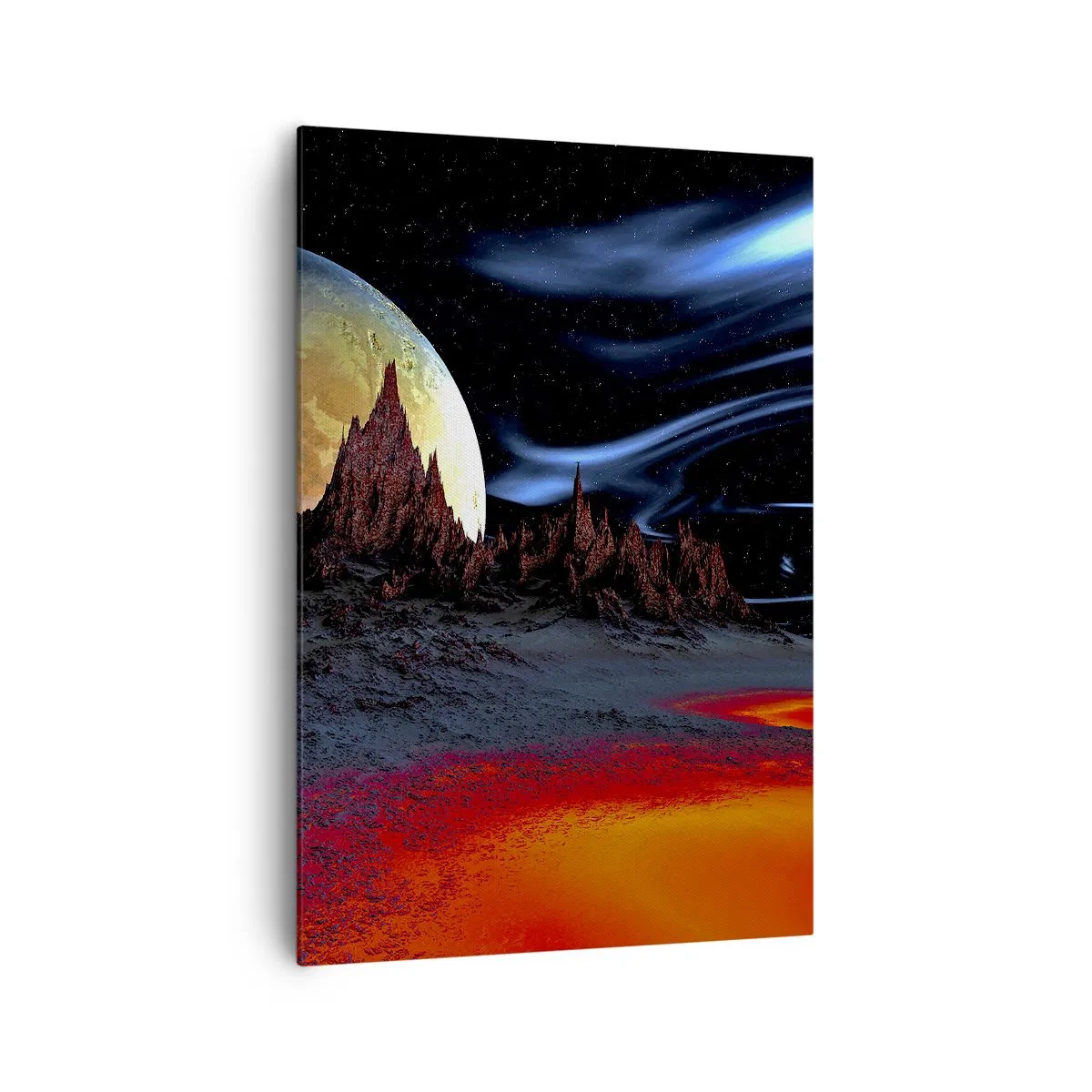 Cuadro sobre lienzo - Impresión de Imagen - Un paisaje fantástico con planetas y paisajes volcánicos. - 70x100cm - Mundo desconocido - Decoración de pared moderna para salón y dormitorio ARTTOR