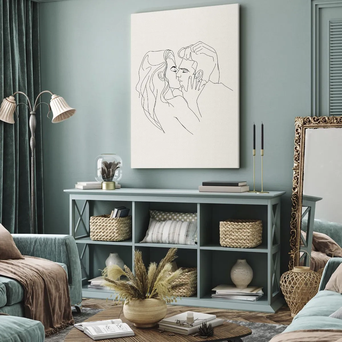 Cuadro sobre lienzo - Impresión de Imagen - Una ilustración minimalista de una pareja en un abrazo amoroso. - 70x100cm - Unión y sentimiento - Decoración de pared moderna para salón y dormitorio ARTTOR