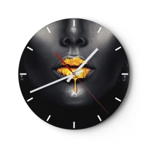 Reloj de pared - Reloj de vidrio - Labios dorados sobre un fondo negro en un estilo artístico. - 30x30cm - Labios de oro - Decoración de pared moderna para salón, cocina y dormitorio ARTTOR
