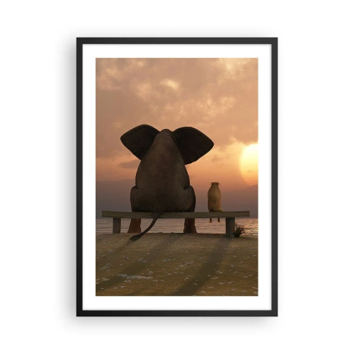 Póster en marco negro - Elefante y perro en un banco al atardecer - 50x70cm - Es bueno estar en silencio juntos - Decoración de pared moderna para salón y dormitorio ARTTOR