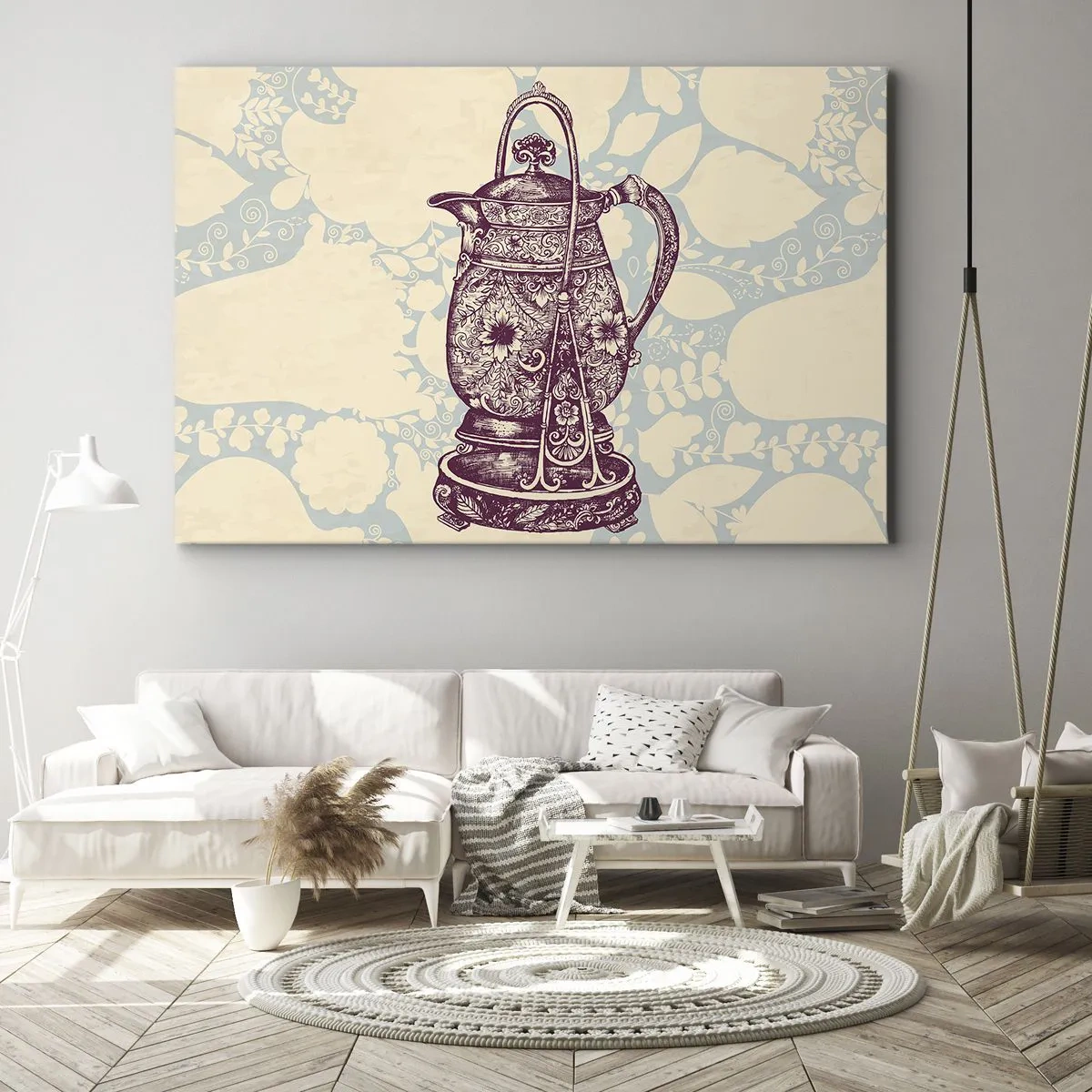Cuadro sobre lienzo - Impresión de Imagen - Jarra estilizada con adornos sobre fondo floral. - 70x50cm - La belleza de lo cotidiano - Decoración de pared moderna para salón y dormitorio ARTTOR