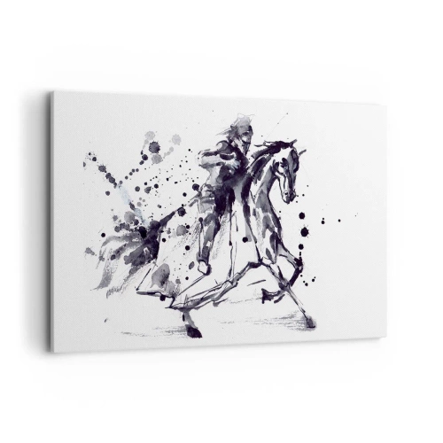 Cuadro sobre lienzo - Impresión de Imagen - Acuarela en blanco y negro de un jinete sobre un caballo al galope. - 120x80cm - Caballero negro - Decoración de pared moderna para salón y dormitorio ARTTOR