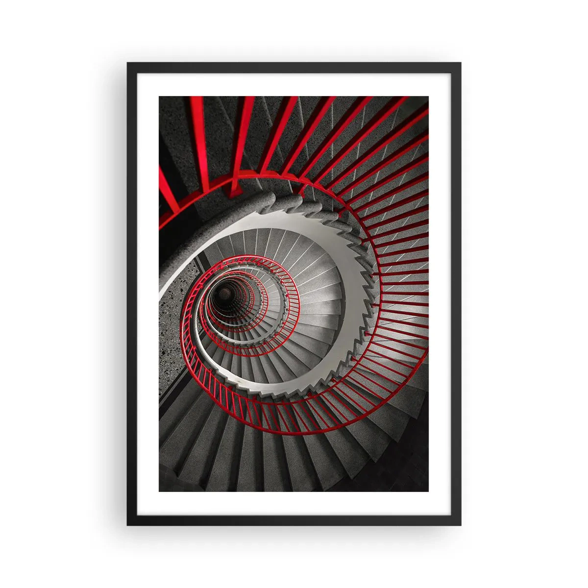 Póster en marco negro - Escalera de caracol en blanco y negro con pasamanos rojos. - 50x70cm - Juegos arquitectónicos - Decoración de pared moderna para salón y dormitorio ARTTOR