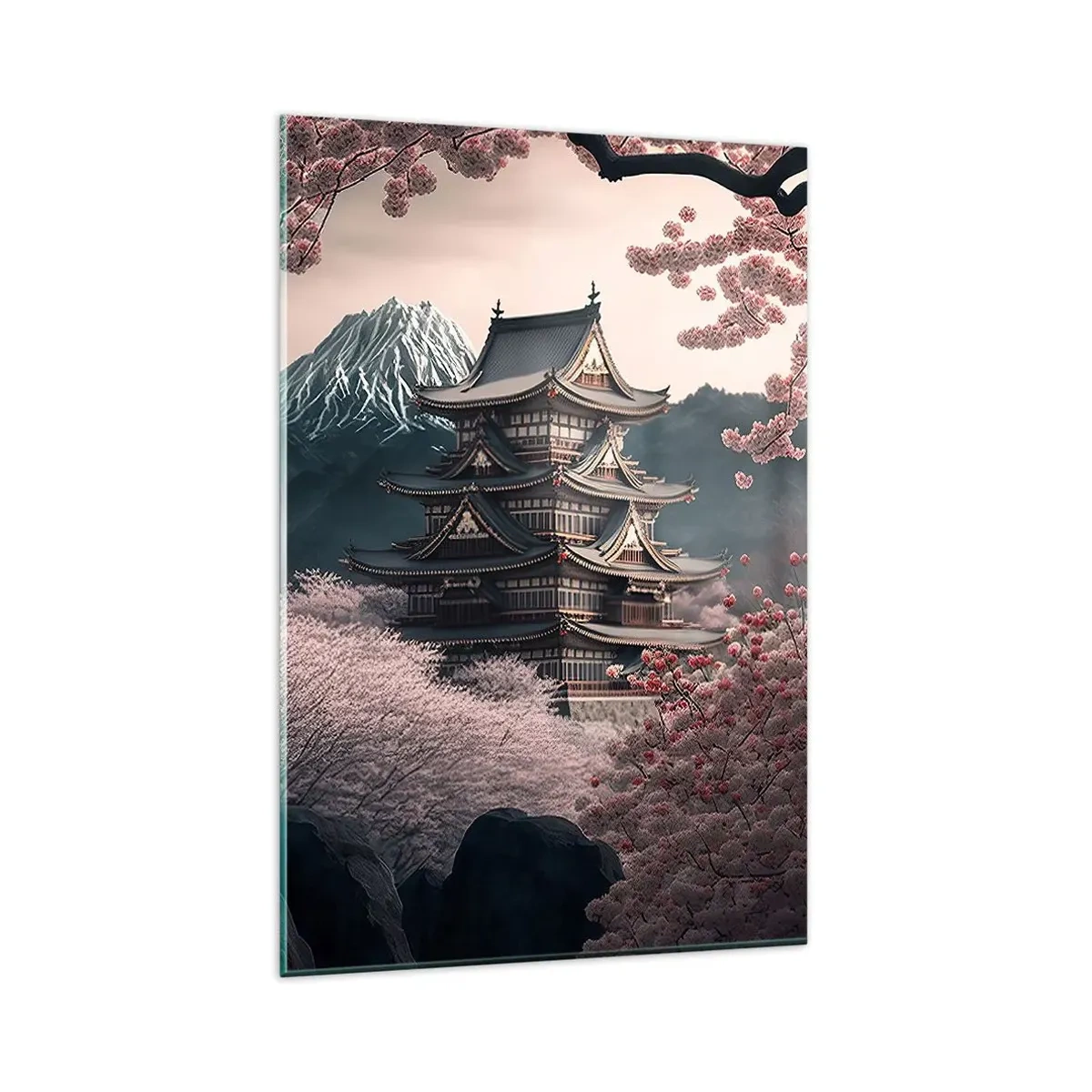 Cuadro sobre vidrio - Impresiones sobre Vidrio - Un templo japonés rodeado de flores de cerezo y montañas. - 80x120cm - Tierra de cerezos en flor - Decoración de pared moderna para salón y dormitorio ARTTOR