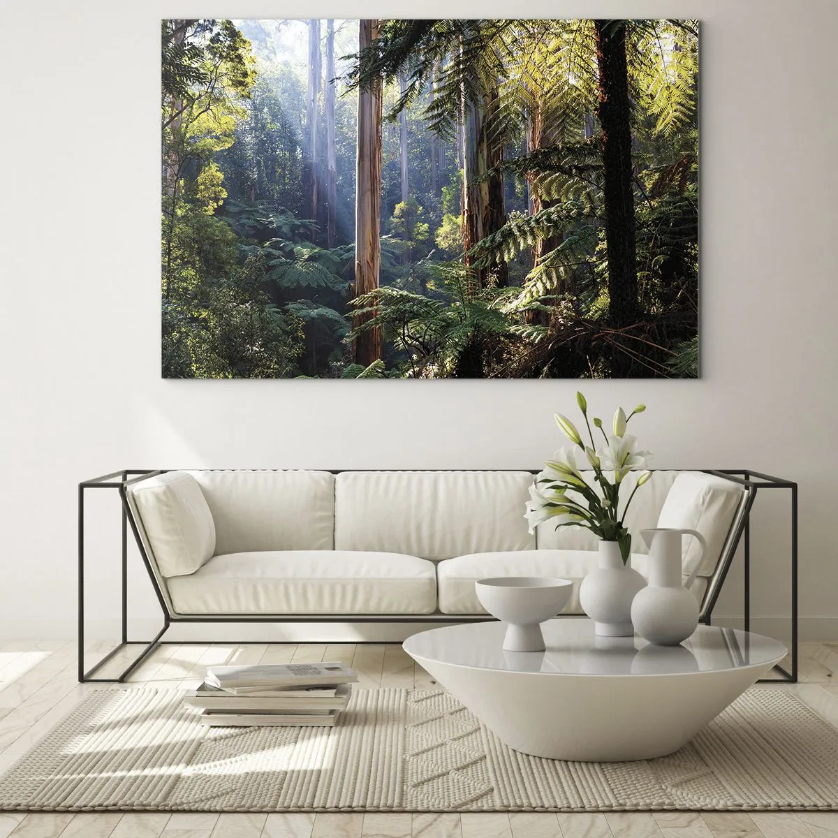 Cuadro sobre vidrio - Impresiones sobre Vidrio - Bosque tropical verde con rayos de sol - 70x50cm - Un cuento de hadas del bosque - Decoración de pared moderna para salón y dormitorio ARTTOR