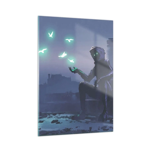 Cuadro sobre vidrio - Impresiones sobre Vidrio - Una figura en la oscuridad rodeada de pájaros verdes flotantes. - 50x70cm - La vida volverá - Decoración de pared moderna para salón y dormitorio ARTTOR