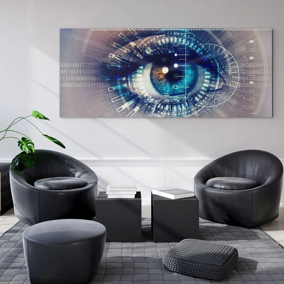 Cuadro sobre vidrio - Impresiones sobre Vidrio - Un ojo tecnológico con una interfaz futurista - 160x50cm - Crees que me conoces - Decoración de pared moderna para salón y dormitorio ARTTOR