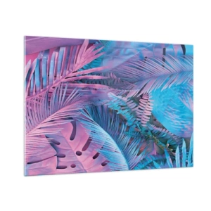 Cuadro sobre vidrio - Impresiones sobre Vidrio - Hojas tropicales en tonos rosa y azul sobre un fondo neón. - 100x70cm - Trópicos en rosa y azul - Decoración de pared moderna para salón y dormitorio ARTTOR