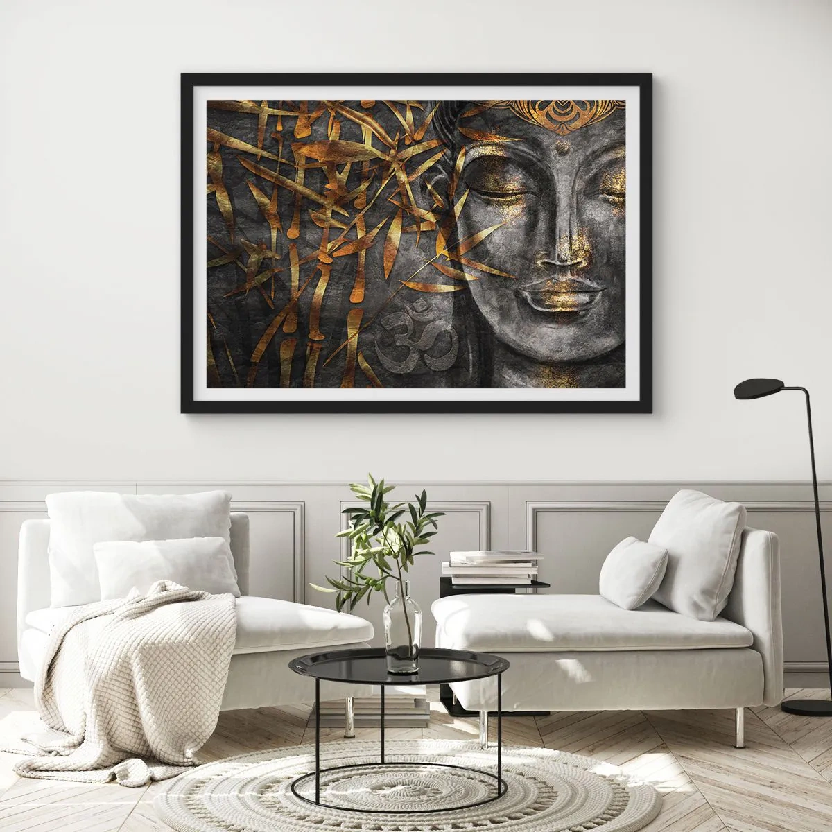 Póster en marco negro - Imagen de Buda zen con bambúes dorados - 70x50cm - Siente la paz - Decoración de pared moderna para salón y dormitorio ARTTOR