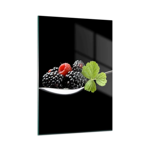 Cuadro sobre vidrio - Impresiones sobre Vidrio - Frambuesas y moras en una cuchara con una hoja verde sobre un fondo negro - 50x70cm - El sabor de la frescura - Decoración de pared moderna para salón y dormitorio ARTTOR