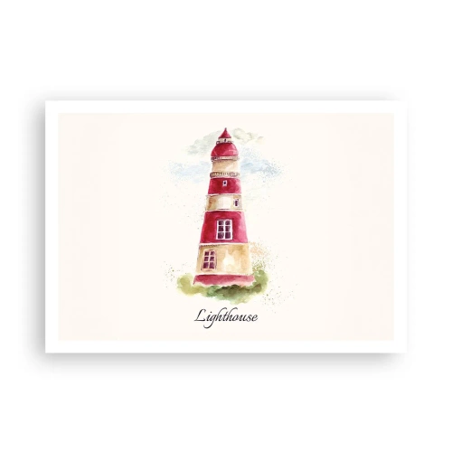 Póster - Una pintura de acuarela de un faro sobre un fondo claro con una inscripción. - 100x70cm - Siempre observando - Decoración de pared moderna para salón y dormitorio ARTTOR