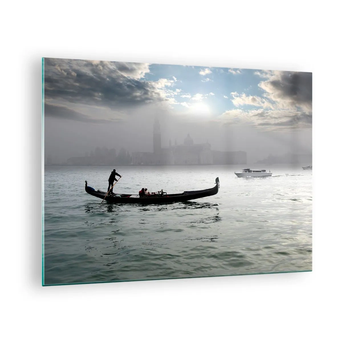 Cuadro sobre vidrio - Impresiones sobre Vidrio - Góndola sobre las aguas de Venecia en una mañana de niebla - 70x50cm - Una fabulosa ciudad de agua y niebla - Decoración de pared moderna para salón y dormitorio ARTTOR