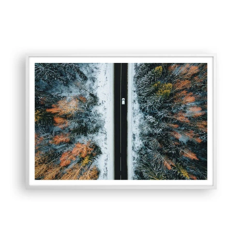 Póster en marco blanco - Atravesar el bosque en invierno - 100x70 cm