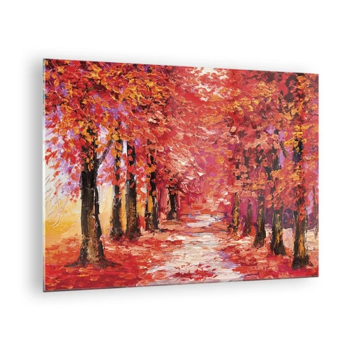 Cuadro sobre vidrio - Impresiones sobre Vidrio - Un pintoresco callejón con colores otoñales lleno de tonos cálidos. - 70x50cm - Una impresión otoñal - Decoración de pared moderna para salón y dormitorio ARTTOR