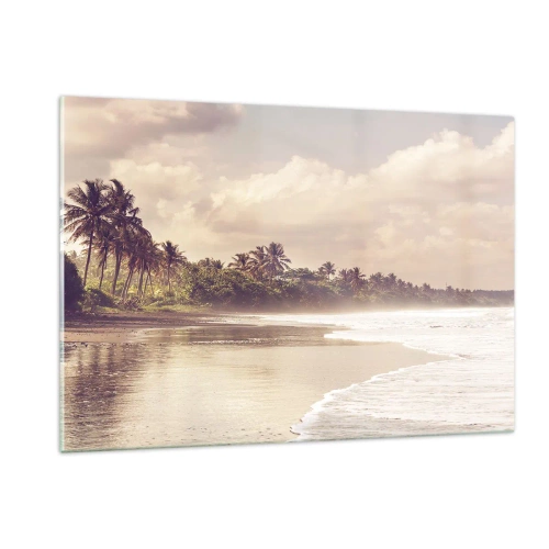 Cuadro sobre vidrio - Impresiones sobre Vidrio - Una playa dorada con palmeras y un océano en calma bajo la suave luz. - 120x80cm - La caricia de las olas - Decoración de pared moderna para salón y dormitorio ARTTOR