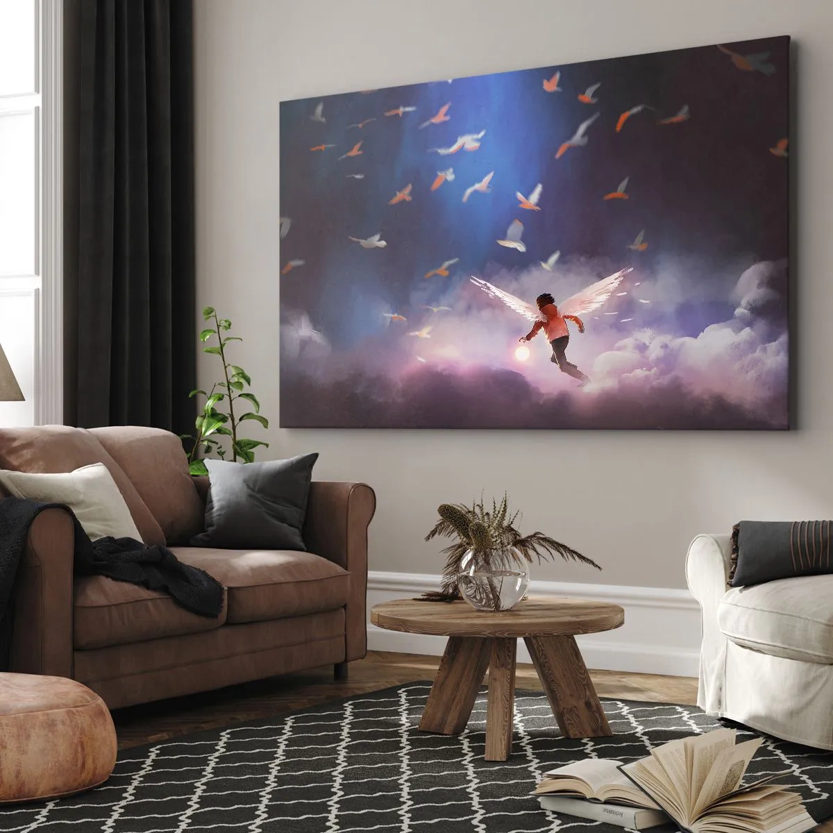 Cuadro sobre lienzo - Impresión de Imagen - Una figura con alas de ángel flotando entre pájaros en el cielo. - 70x50cm - Imaginación y valor - Decoración de pared moderna para salón y dormitorio ARTTOR