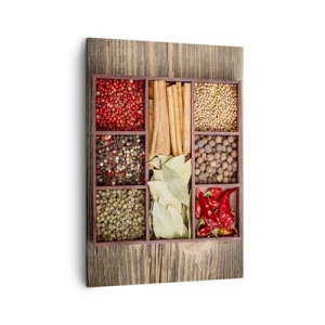 Cuadro sobre lienzo - Impresión de Imagen - Caja de madera con varias especias en compartimentos. - 50x70cm - Orden de formas, composición de aromas - Decoración de pared moderna para salón y dormitorio ARTTOR