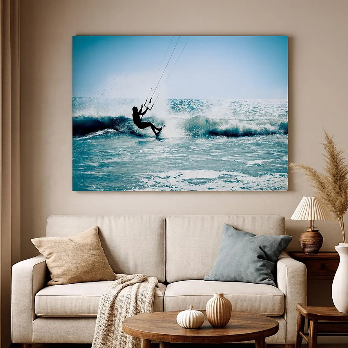 Cuadro sobre lienzo - Impresión de Imagen - Kitesurfista montando una ola a pleno sol - 70x50cm - Déjate llevar - Decoración de pared moderna para salón y dormitorio ARTTOR