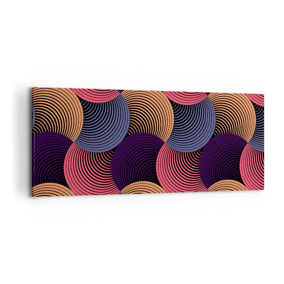 Cuadro sobre lienzo - Impresión de Imagen - Círculos geométricos en tonos rosa, morado y dorado. - 120x50cm - En un ritmo circular - Decoración de pared moderna para salón y dormitorio ARTTOR